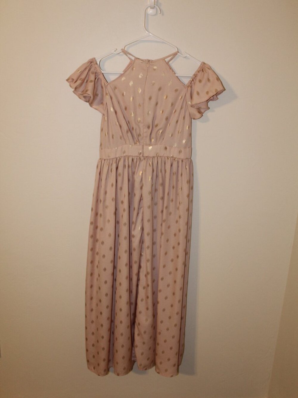 SHEIN rose gold and gold polka dots cold shoulder floor length dress size 11-12